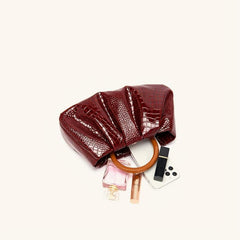Burgundy Red Croc Emossed Handbag Wood Handle Magnet Ruched Versatile