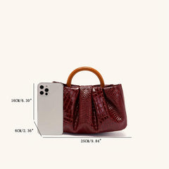 Burgundy Red Croc Emossed Handbag Wood Handle Magnet Ruched Versatile