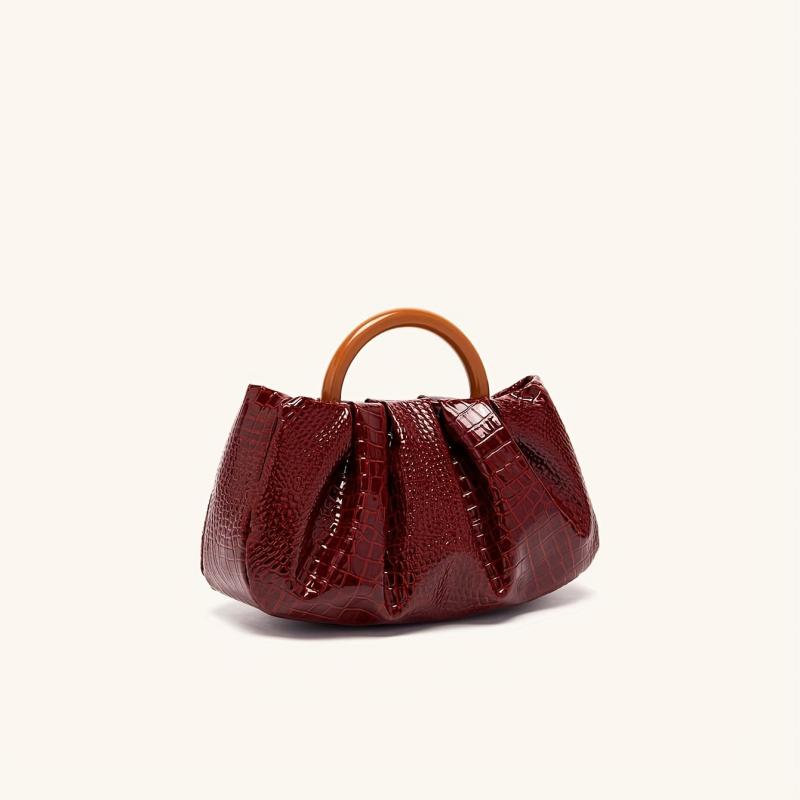 Burgundy Red Croc Emossed Handbag Wood Handle Magnet Ruched Versatile