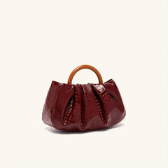 Burgundy Red Croc Emossed Handbag Wood Handle Magnet Ruched Versatile