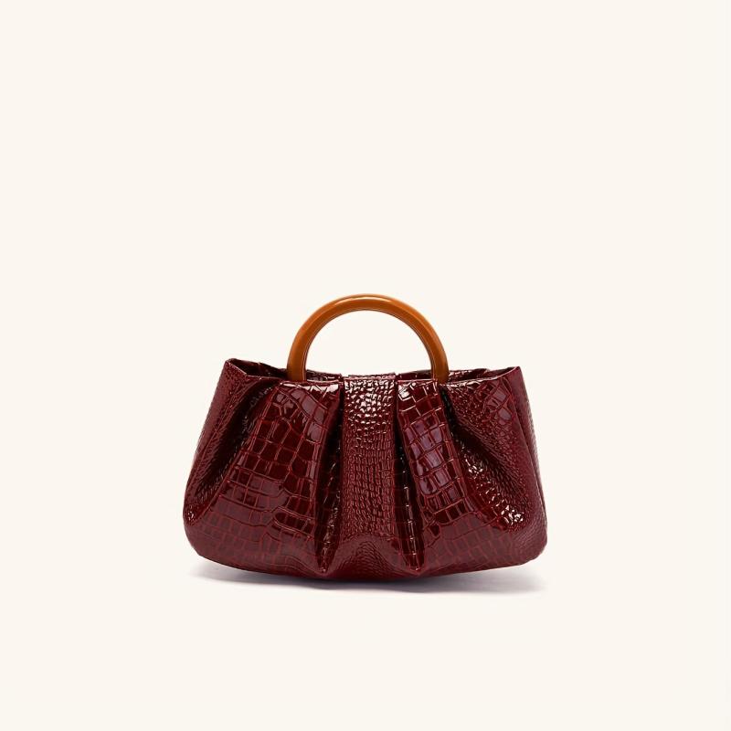 Burgundy Red Croc Emossed Handbag Wood Handle Magnet Ruched Versatile