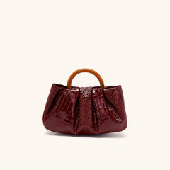 Burgundy Red Croc Emossed Handbag Wood Handle Magnet Ruched Versatile