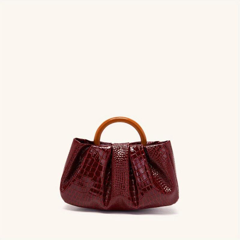 Burgundy Red Croc Emossed Handbag Wood Handle Magnet Ruched Versatile
