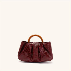 Burgundy Red Croc Emossed Handbag Wood Handle Magnet Ruched Versatile