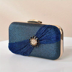 Glitter Rhinestone Flower Decor Clutch Bag PVC Metal Chain Frame Bag