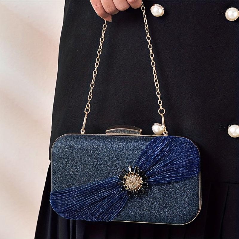 Glitter Rhinestone Flower Decor Clutch Bag PVC Metal Chain Frame Bag