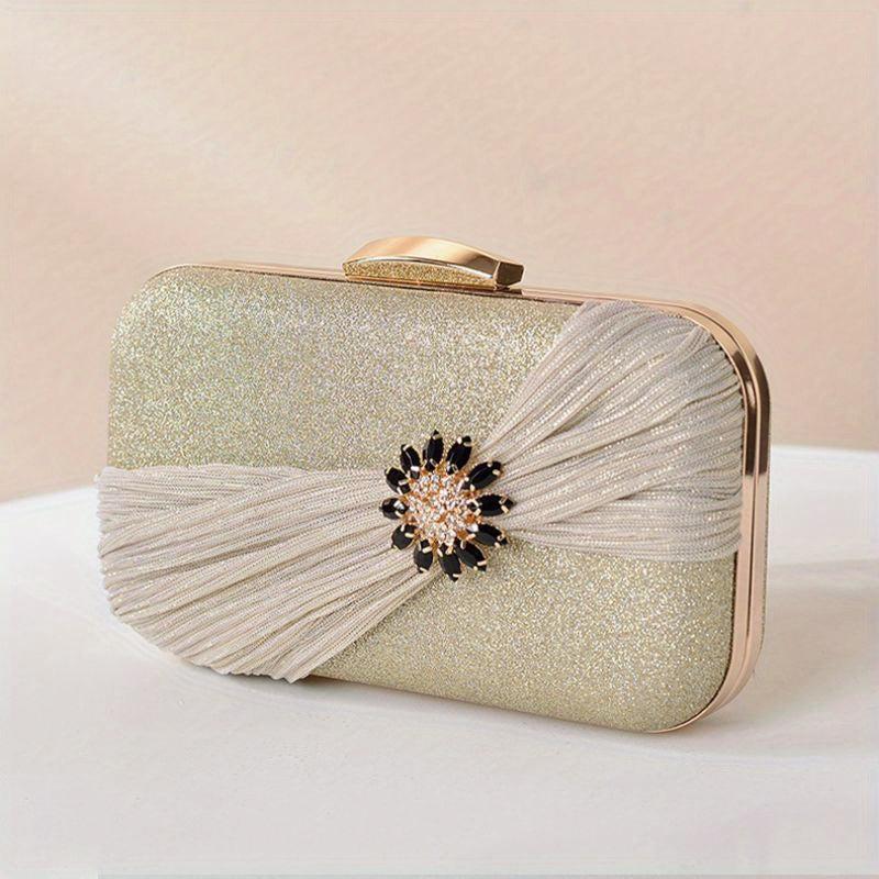 Glitter Rhinestone Flower Decor Clutch Bag PVC Metal Chain Frame Bag