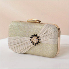 Glitter Rhinestone Flower Decor Clutch Bag PVC Metal Chain Frame Bag