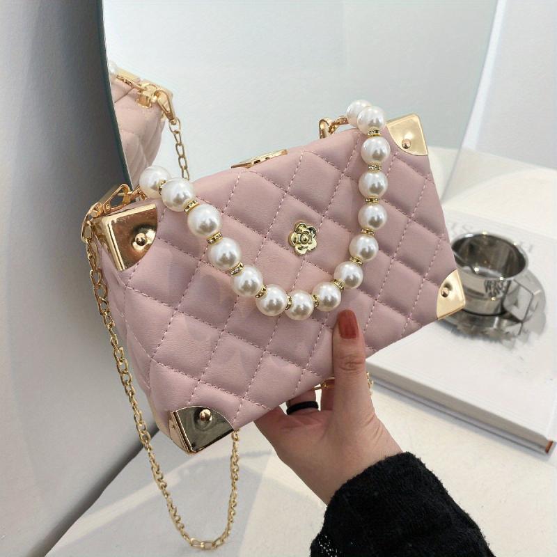 Argyle Quilted Shoulder Bag Faux Pearl Crossbody Bag