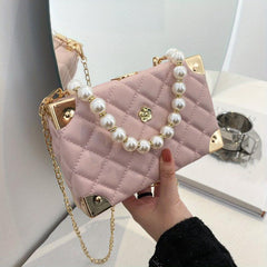 Argyle Quilted Shoulder Bag Faux Pearl Crossbody Bag