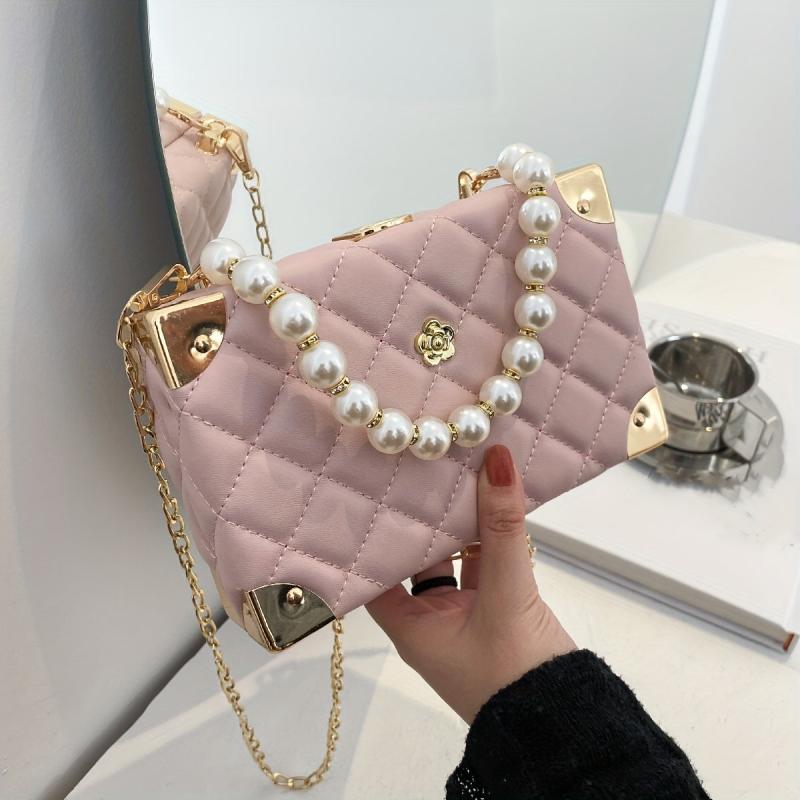 Argyle Quilted Shoulder Bag Faux Pearl Crossbody Bag