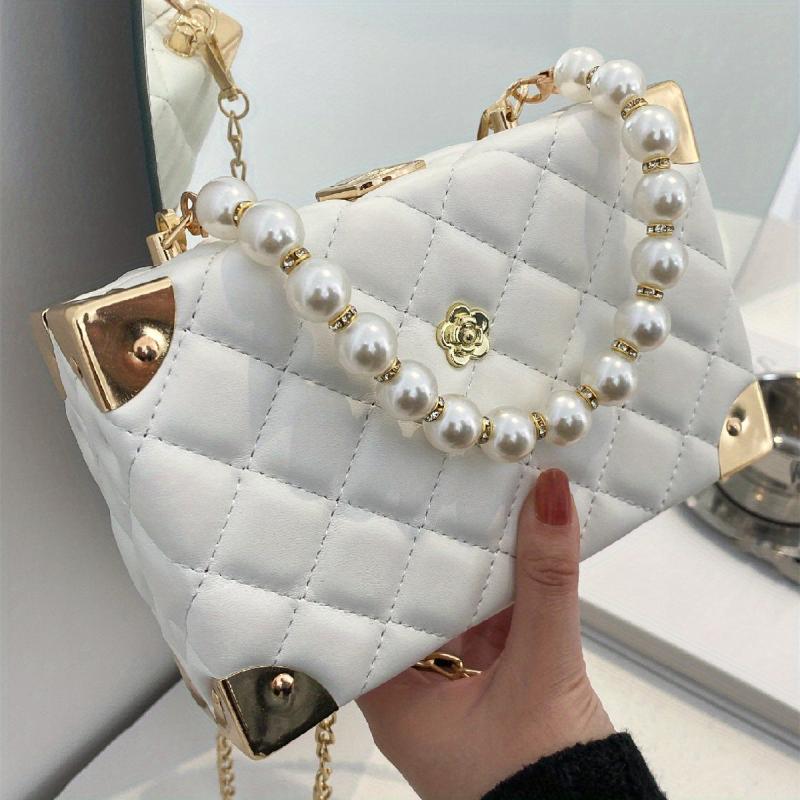 Argyle Quilted Shoulder Bag Faux Pearl Crossbody Bag