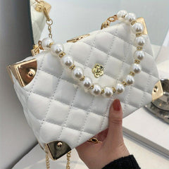 Argyle Quilted Shoulder Bag Faux Pearl Crossbody Bag