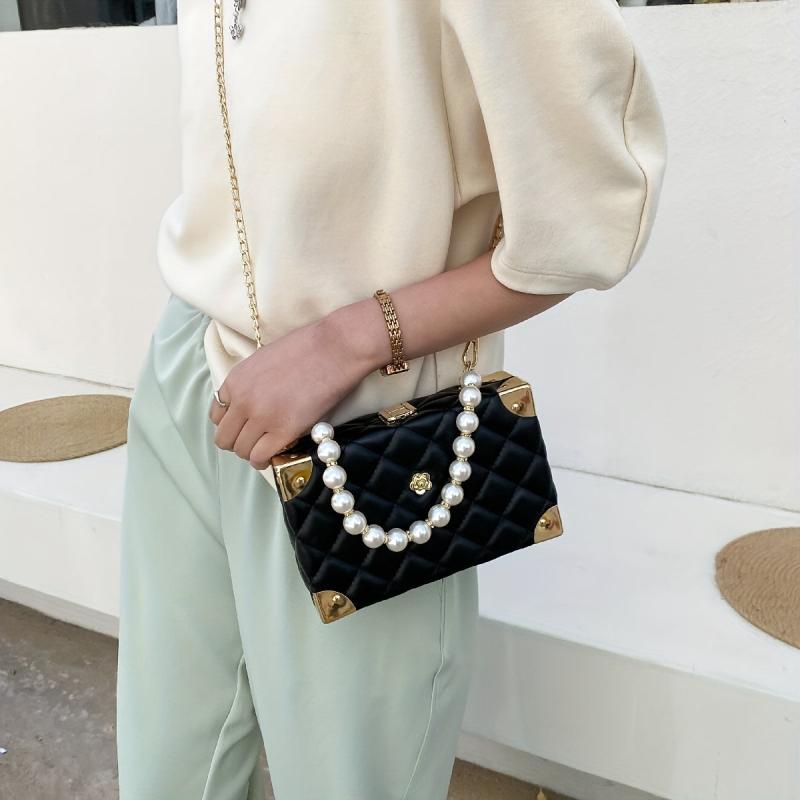 Argyle Quilted Shoulder Bag Faux Pearl Crossbody Bag