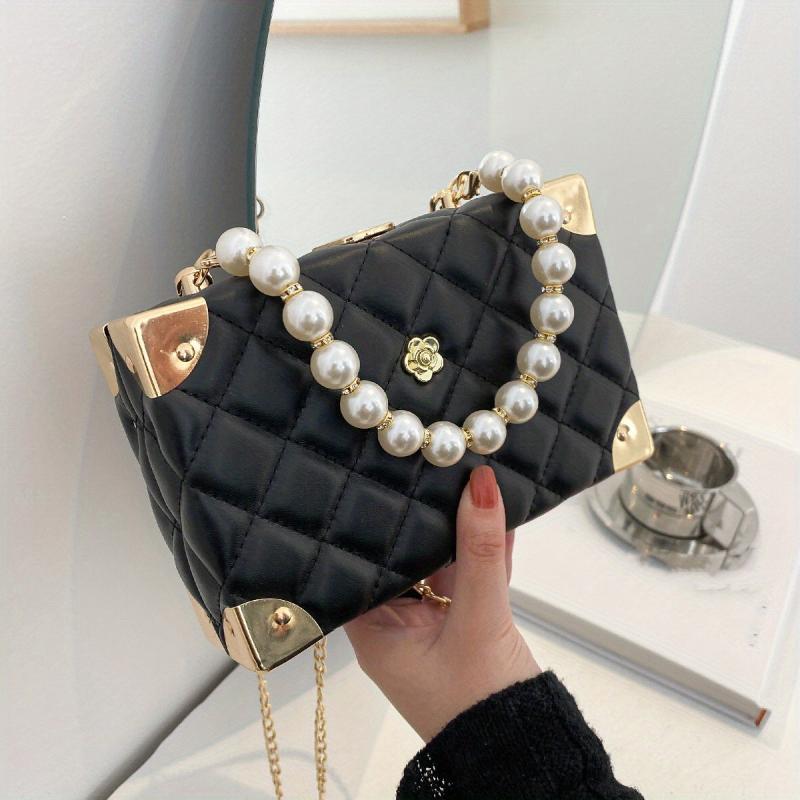 Argyle Quilted Shoulder Bag Faux Pearl Crossbody Bag