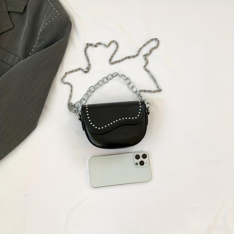 Metal Chain Crossbody Saddle Bag PU Leather Textured Bag Purse
