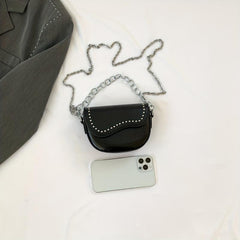 Metal Chain Crossbody Saddle Bag PU Leather Textured Bag Purse