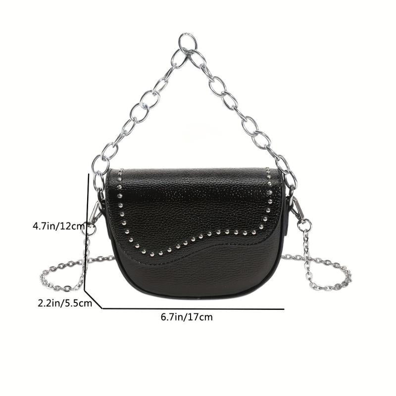 Metal Chain Crossbody Saddle Bag PU Leather Textured Bag Purse