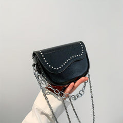 Metal Chain Crossbody Saddle Bag PU Leather Textured Bag Purse