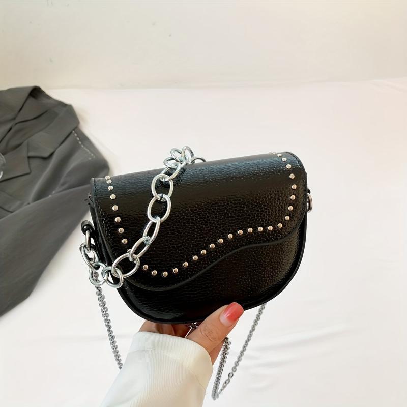 Metal Chain Crossbody Saddle Bag PU Leather Textured Bag Purse