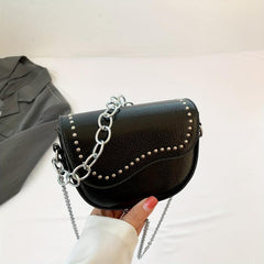 Metal Chain Crossbody Saddle Bag PU Leather Textured Bag Purse