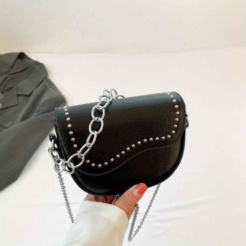 Metal Chain Crossbody Saddle Bag PU Leather Textured Bag Purse