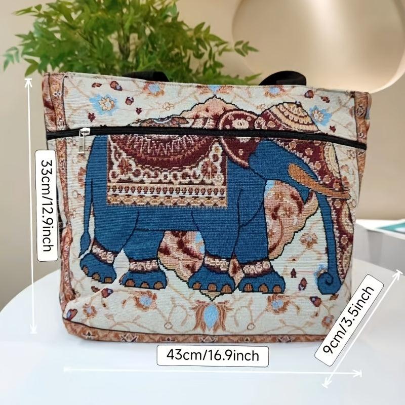 Boho Elephant Jacquard Tote Bag Large Capacity Handbag Women's Shoulder Bag