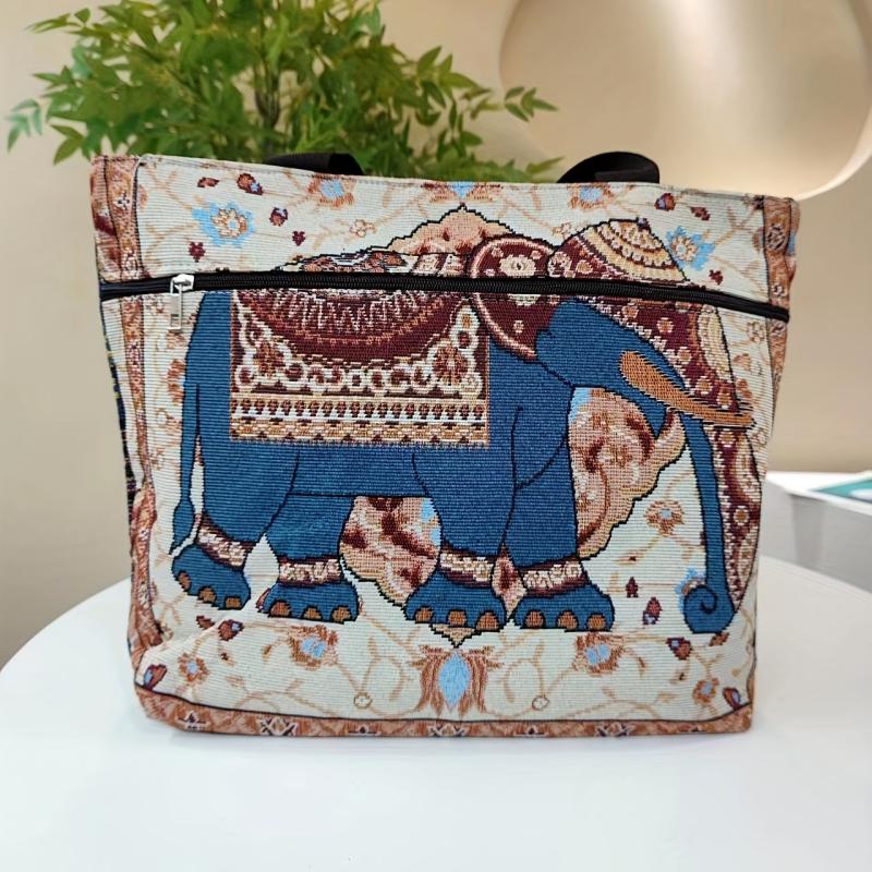 Boho Elephant Jacquard Tote Bag Large Capacity Handbag Women's Shoulder Bag