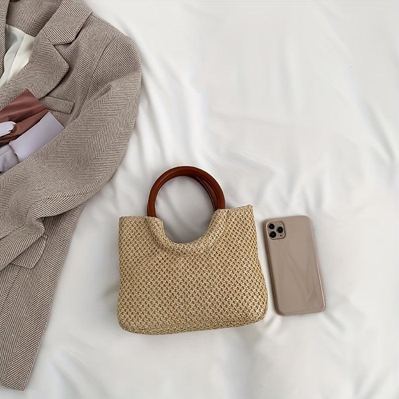 Straw Woven Casual Handbag Solid Top Handle Handbag