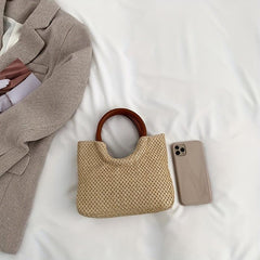 Straw Woven Casual Handbag Solid Top Handle Handbag