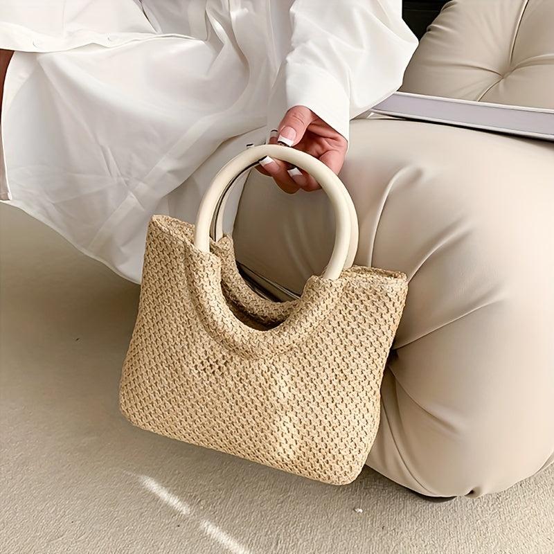 Straw Woven Casual Handbag Solid Top Handle Handbag