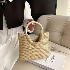 Straw Woven Casual Handbag Solid Top Handle Handbag