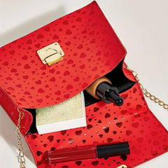 Heart Print Metal Chain Crossbody Satchel Bag PU Leather Textured Handbag