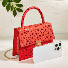 Heart Print Metal Chain Crossbody Satchel Bag PU Leather Textured Handbag