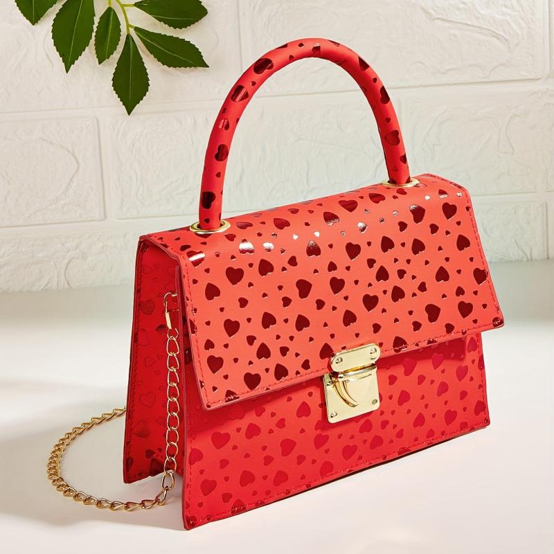 Heart Print Metal Chain Crossbody Satchel Bag PU Leather Textured Handbag