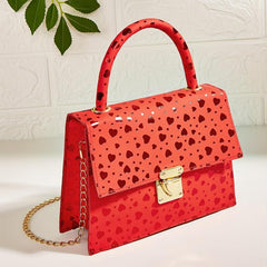 Heart Print Metal Chain Crossbody Satchel Bag PU Leather Textured Handbag
