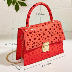 Heart Print Metal Chain Crossbody Satchel Bag PU Leather Textured Handbag