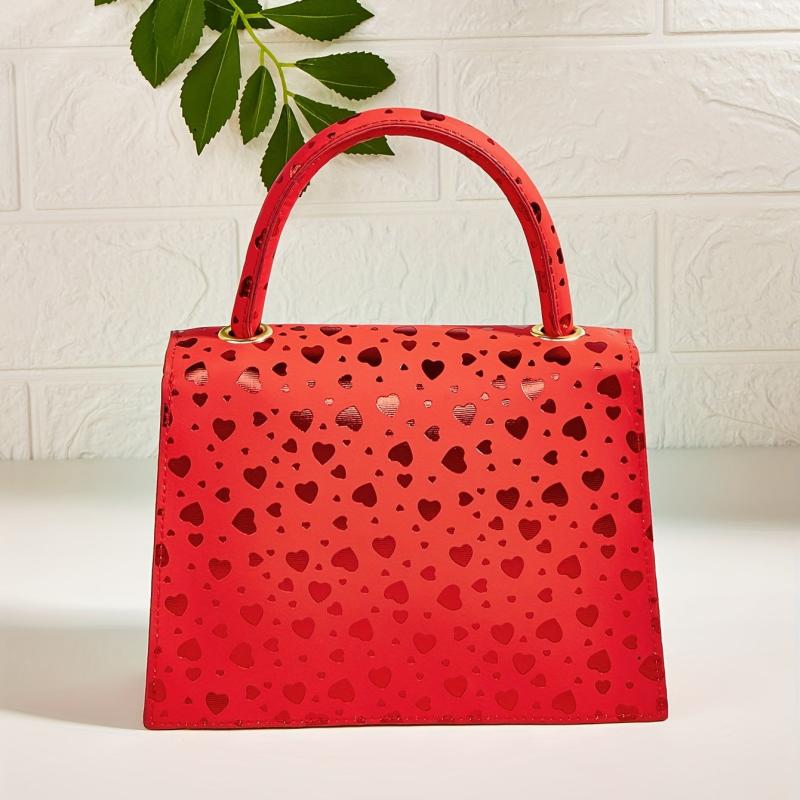 Heart Print Metal Chain Crossbody Satchel Bag PU Leather Textured Handbag