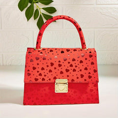 Heart Print Metal Chain Crossbody Satchel Bag PU Leather Textured Handbag