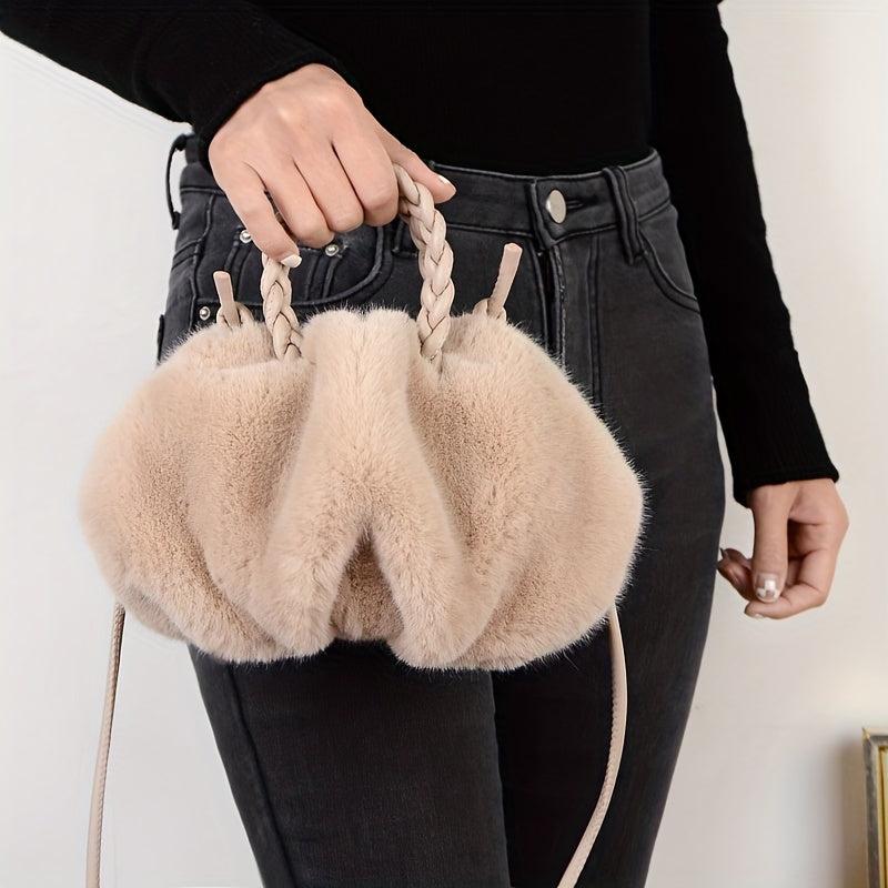 Plush Pleated Handbag Faux Fur Ruched Crossbody Bag