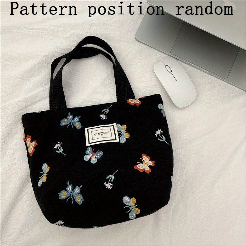 Butterfly Pattern Letter Patch Tote Bag Vintage Canvas Lunch Box Bag