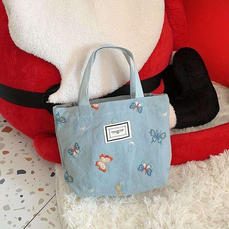 Butterfly Pattern Letter Patch Tote Bag Vintage Canvas Lunch Box Bag