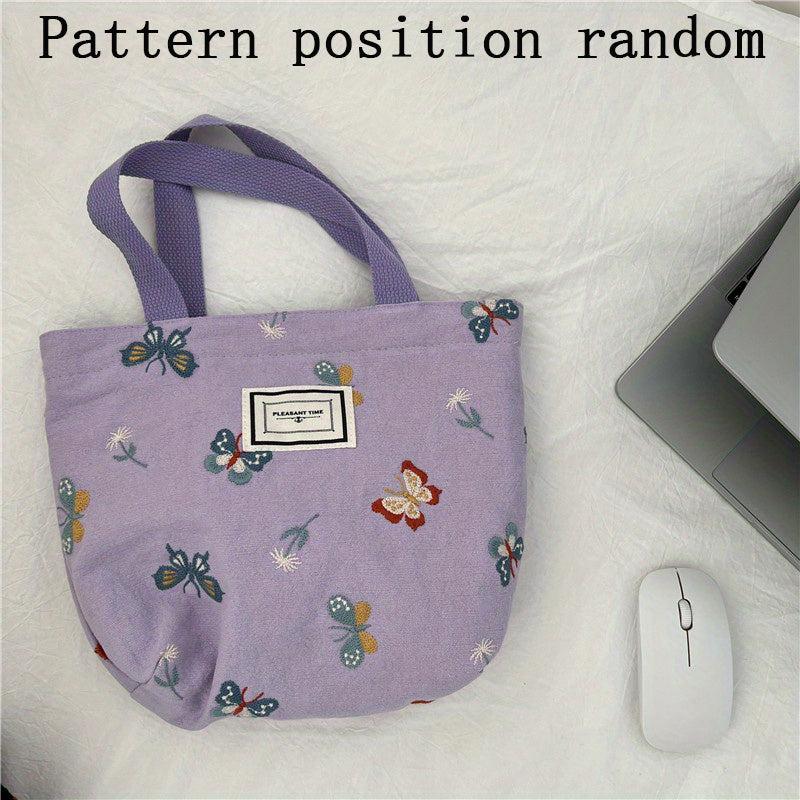 Butterfly Pattern Letter Patch Tote Bag Vintage Canvas Lunch Box Bag
