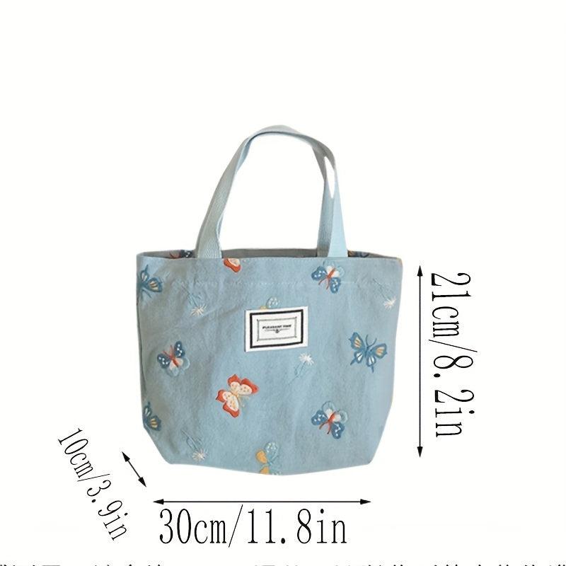 Butterfly Pattern Letter Patch Tote Bag Vintage Canvas Lunch Box Bag
