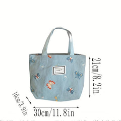Butterfly Pattern Letter Patch Tote Bag Vintage Canvas Lunch Box Bag