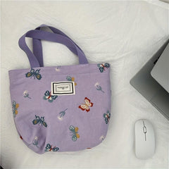Butterfly Pattern Letter Patch Tote Bag Vintage Canvas Lunch Box Bag