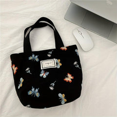 Butterfly Pattern Letter Patch Tote Bag Vintage Canvas Lunch Box Bag