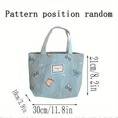 Butterfly Pattern Letter Patch Tote Bag Vintage Canvas Lunch Box Bag
