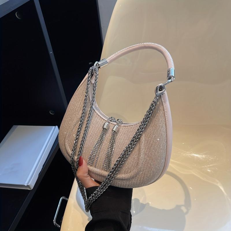 Tassel Metal Chain Crossbody Bag PU Leather Underarm Bag Purse