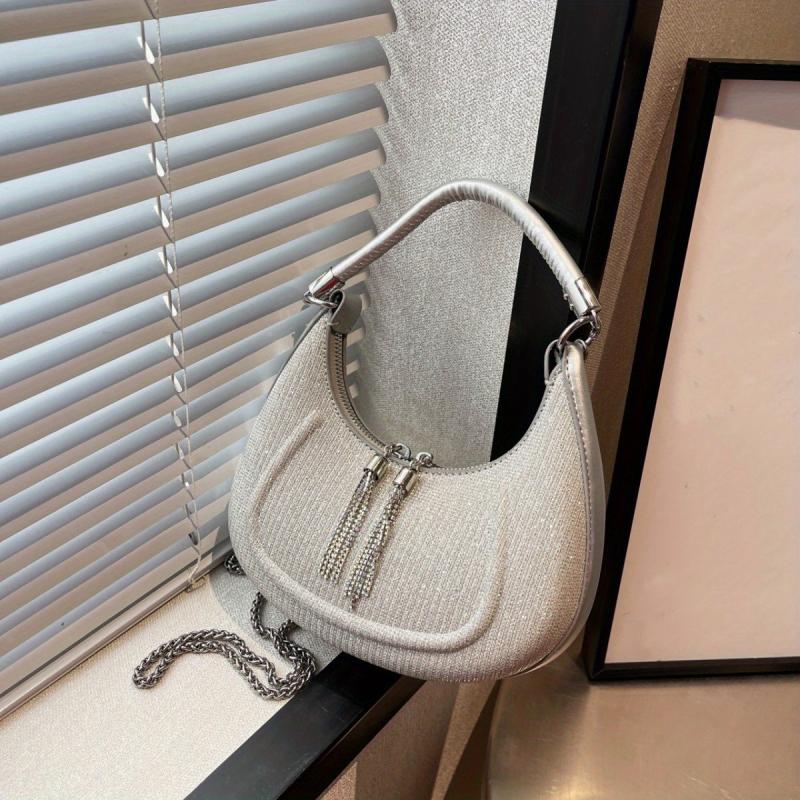Tassel Metal Chain Crossbody Bag PU Leather Underarm Bag Purse